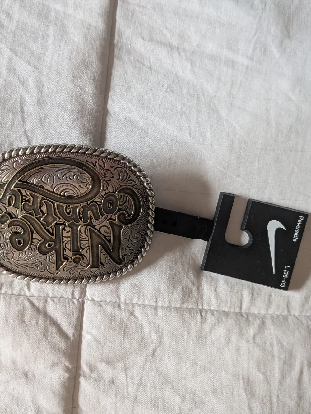 Nike Country Black Leather Belt with Ornate Silver Buckle Rare